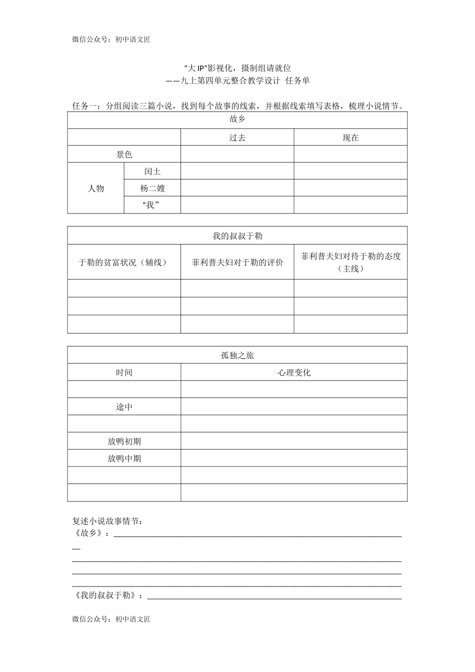 （九上第四单元整合设计）“大IP”影视化，摄制组请就位 任务单_第1页