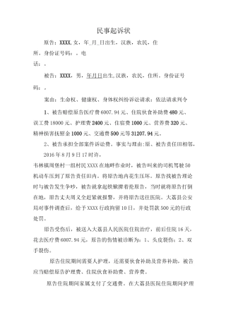 人身损害赔偿诉状(民事起诉状)