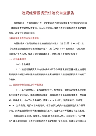 违规经营投资责任追究自查报告