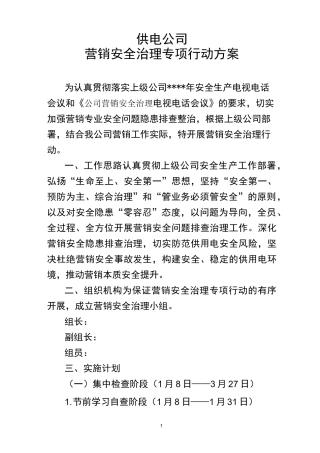 供电公司营销安全治理专项行动方案
