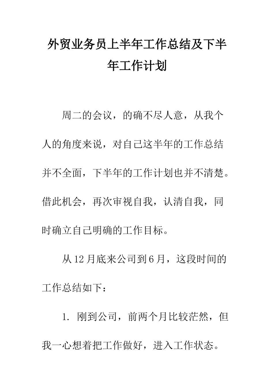 外贸业务员上半年工作总结及下半年工作计划--精编范文_第1页