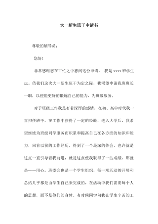 大一新生班干申请书