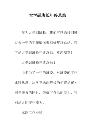 大学副班长年终总结--精编范文