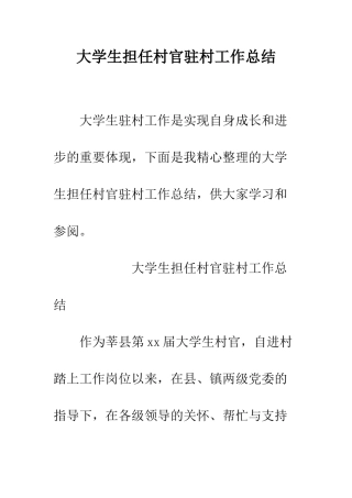 大学生担任村官驻村工作总结--精编范文