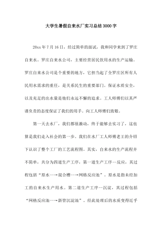 大学生暑假自来水厂实习总结3000字