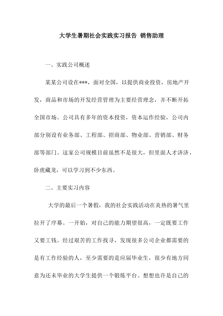 大学生暑期社会实践实习报告-销售助理_第1页