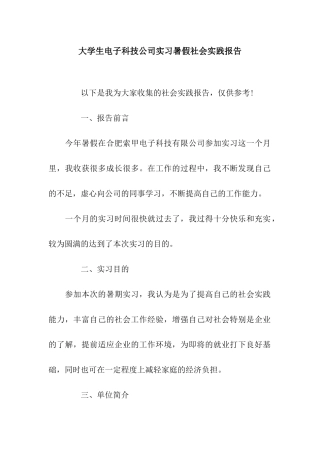 大学生电子科技公司实习暑假社会实践报告