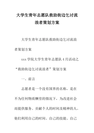 大学生青年志愿队救助街边乞讨流浪者策划方案--精编范文