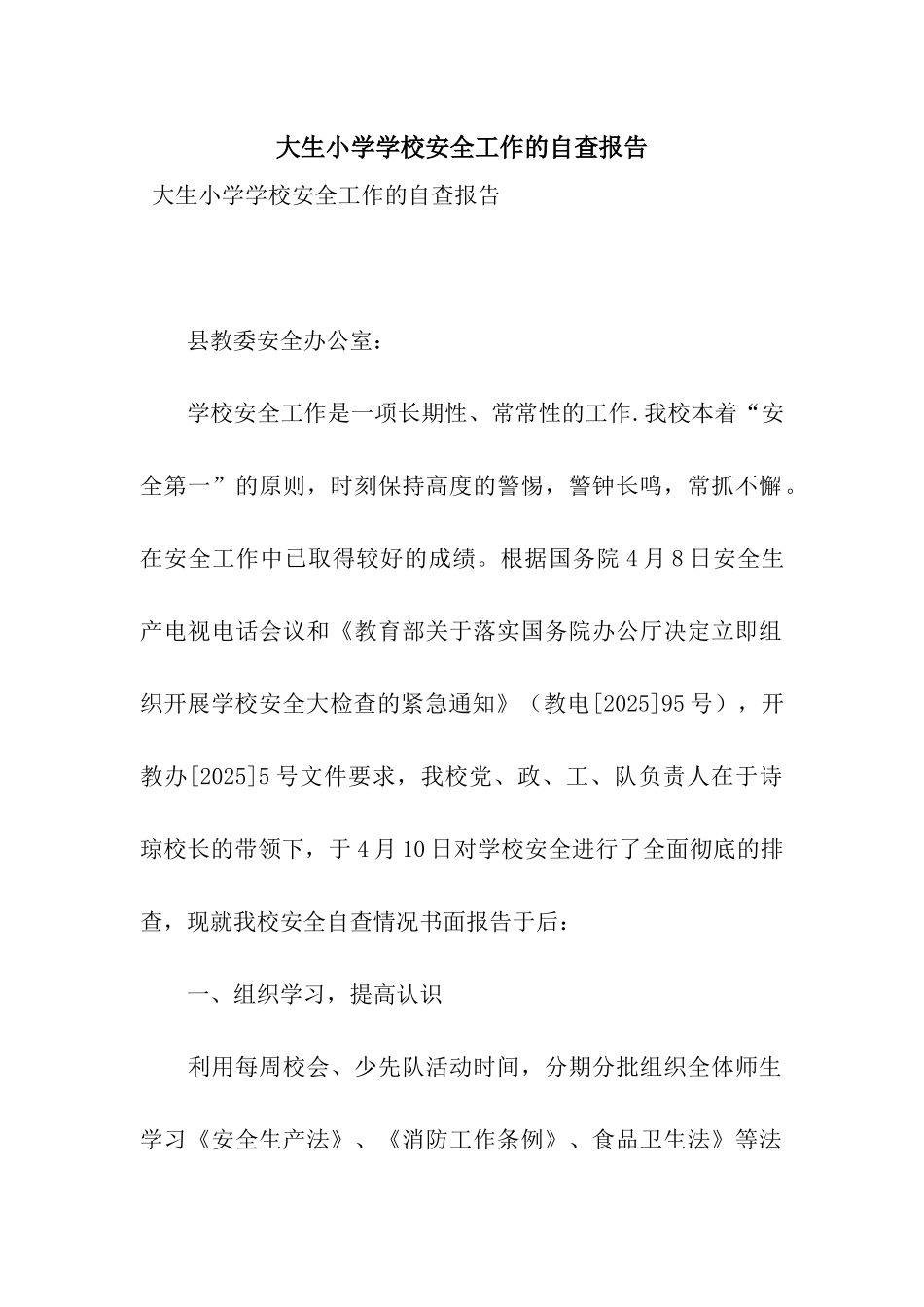 大生小学学校安全工作的自查报告_第1页