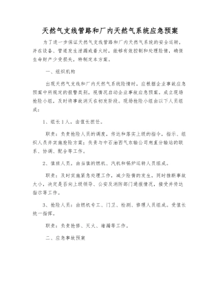 天然气支线管路和厂内天然气系统应急预案
