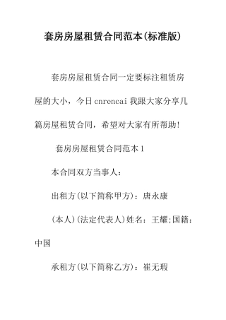 套房房屋租赁合同范本--精编范文
