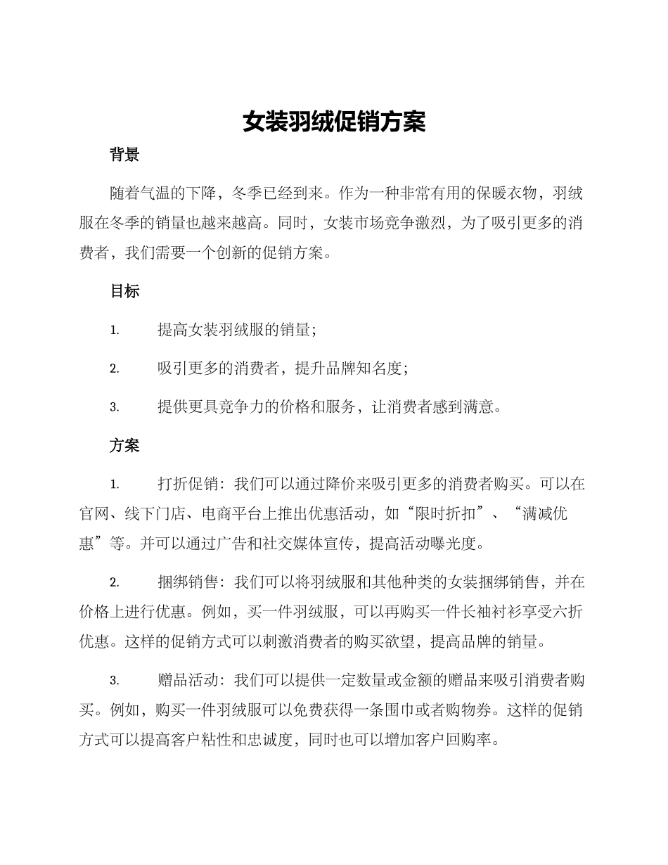 女装羽绒促销方案_第1页