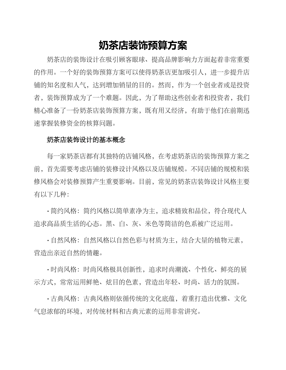奶茶店装饰预算方案_第1页