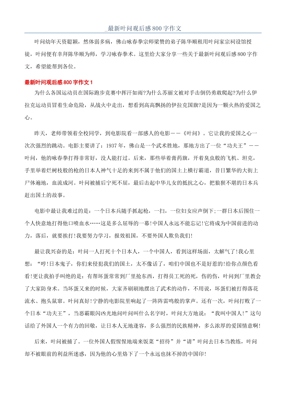 -最新叶问观后感800字作文_第1页