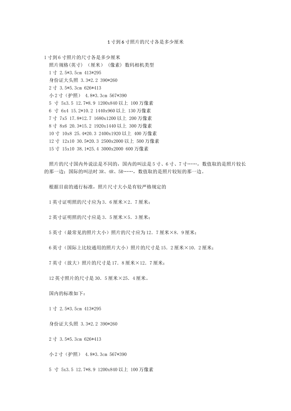 1寸到6寸照片的尺寸各是多少厘米_第1页
