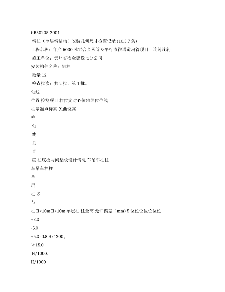 1钢柱（单层钢结构）安装几何尺寸检查记录MicrosoftWord文档_第1页