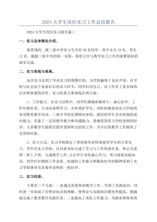 2024大学生岗位实习工作总结报告