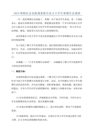 2024寒假社会实践调查报告范文大学生寒期生活调查