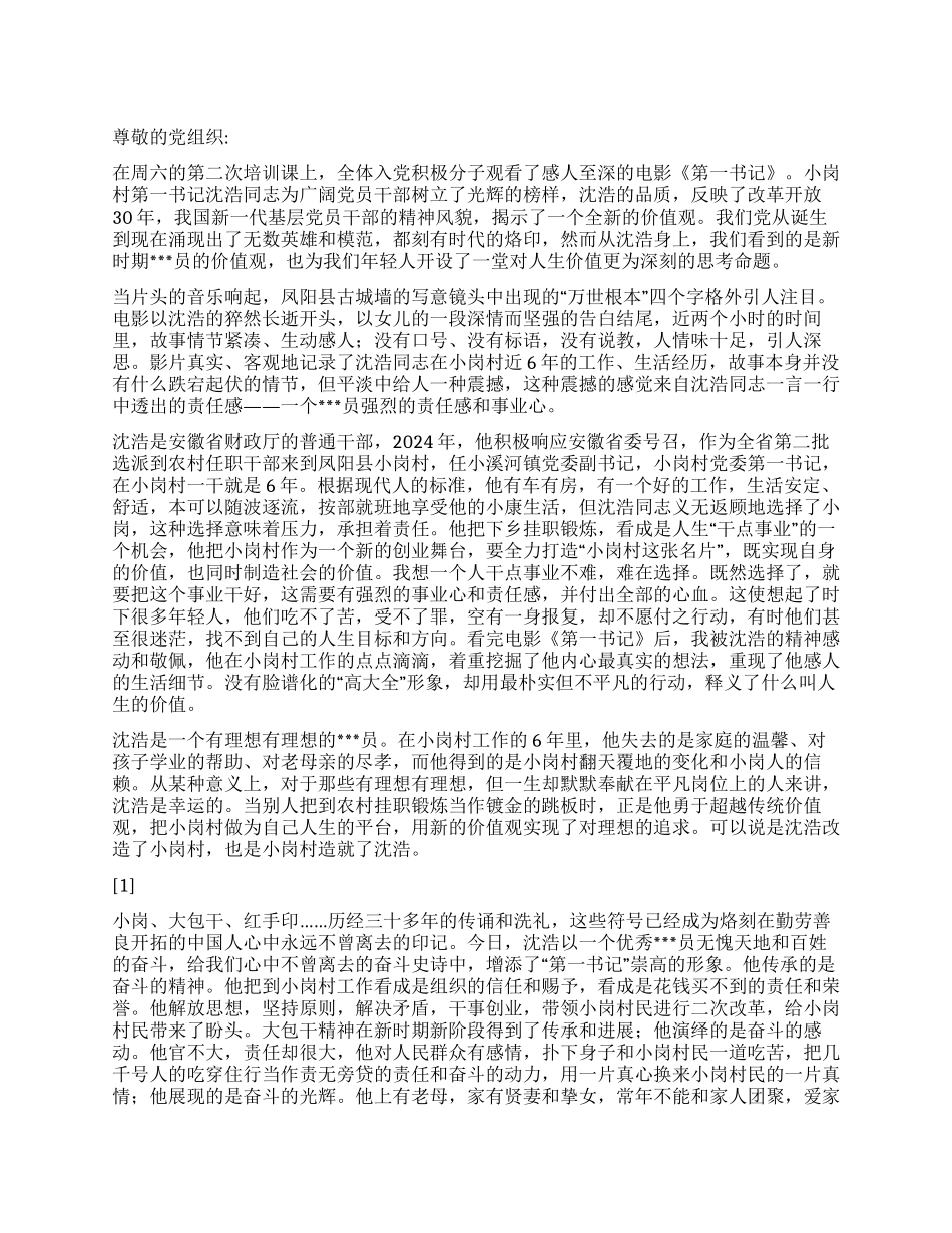 2024年2月党员预备期思想汇报《第一书记观后感》_第1页