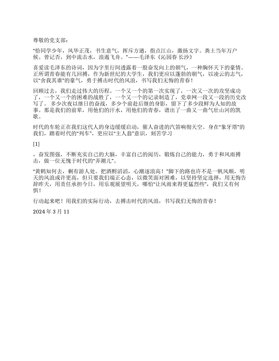 2024年3月思想汇报搏击时代的风浪书写无悔的青春_第1页