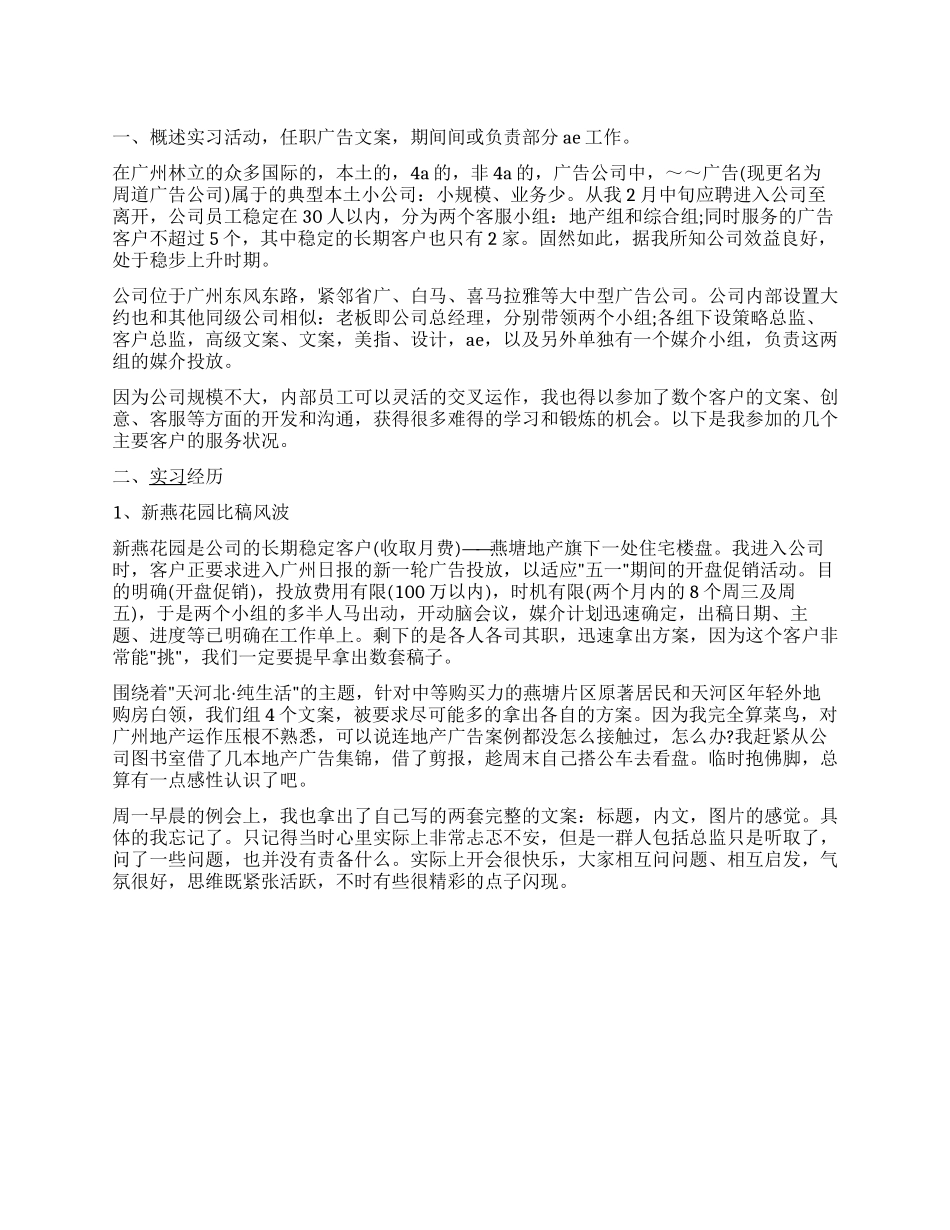 2024年5月大学生广告公司实习报告范文_第1页