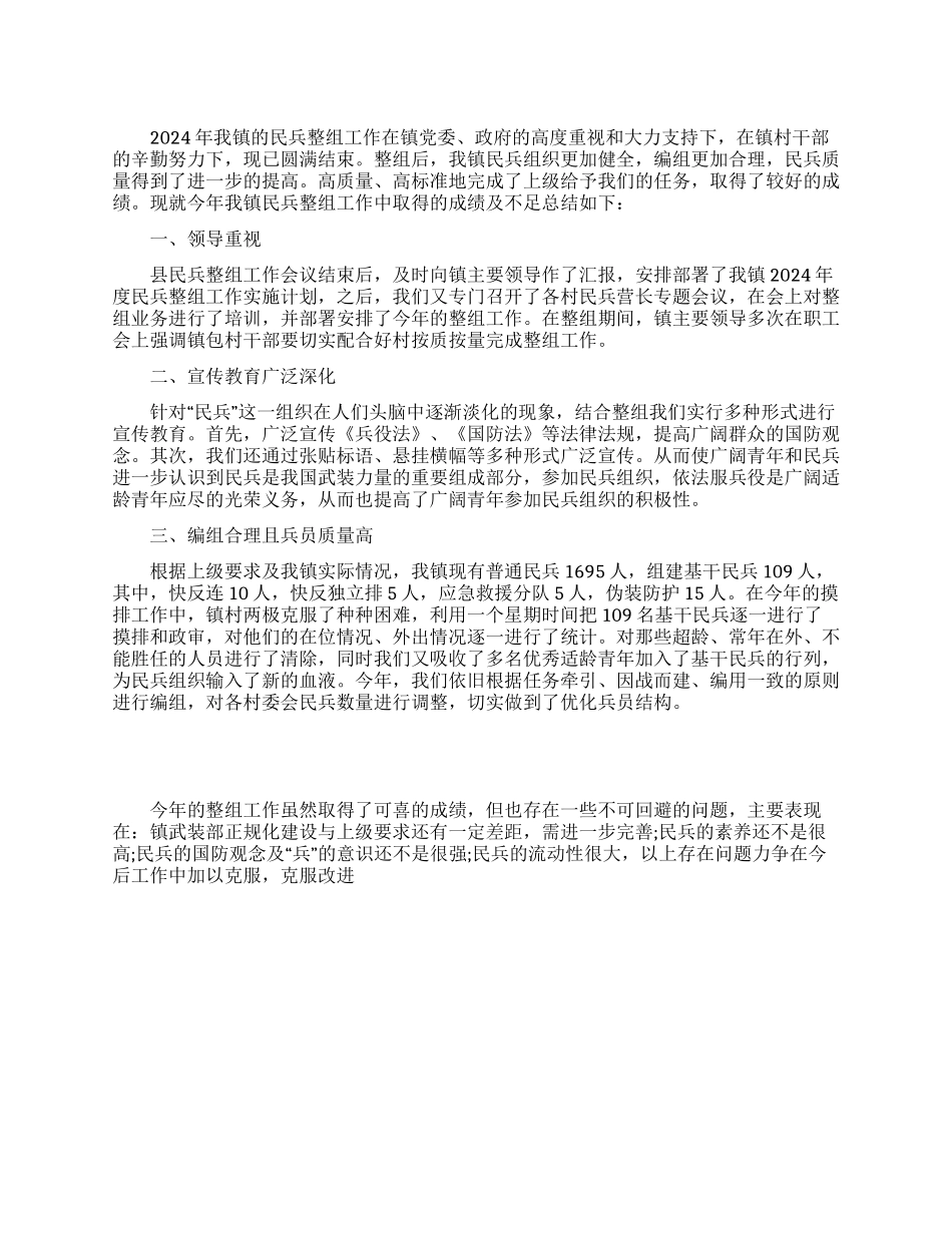 2024年XXX镇民兵整组汇报材料_第1页