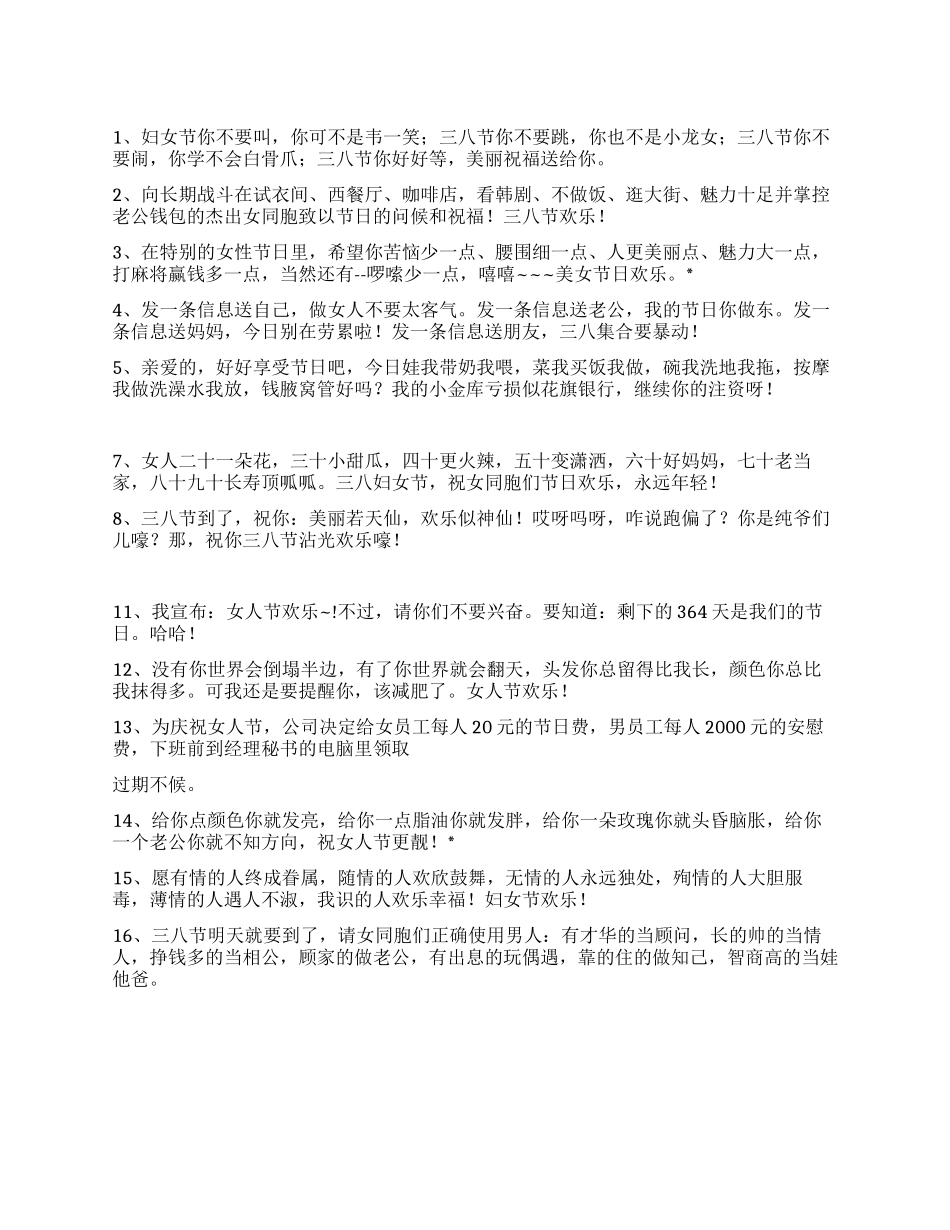2024年三八节给女同胞的搞笑祝福短信_第1页