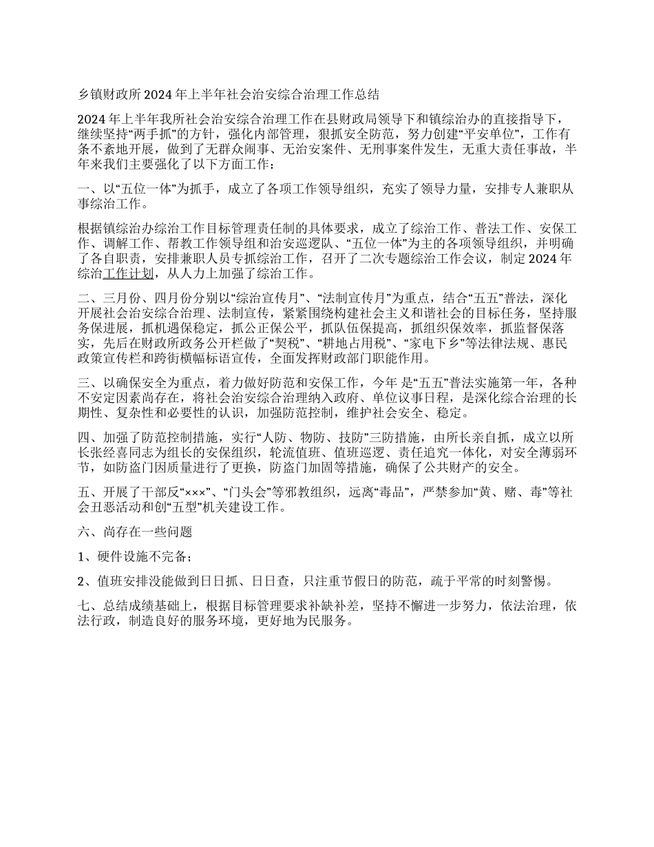 2024年上半年乡镇财政所社会治安综合治理工作总结_第1页