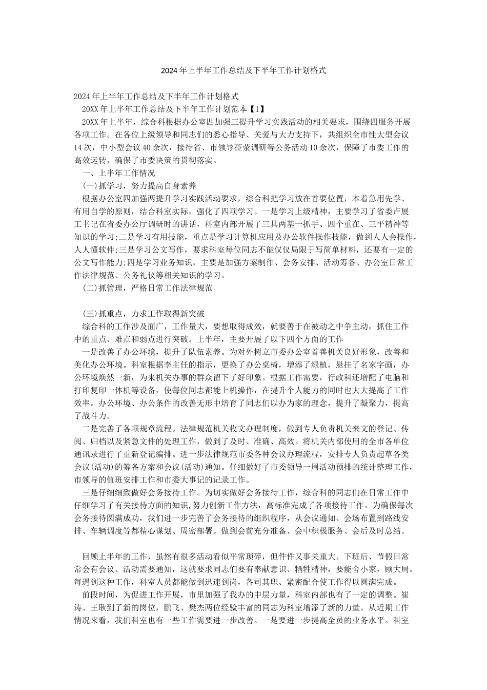 2024年上半年工作总结及下半年工作计划格式_第1页