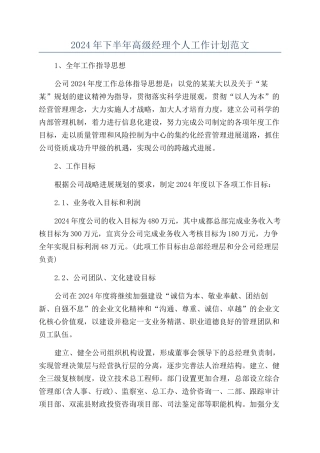 2024年下半年高级经理个人工作计划范文