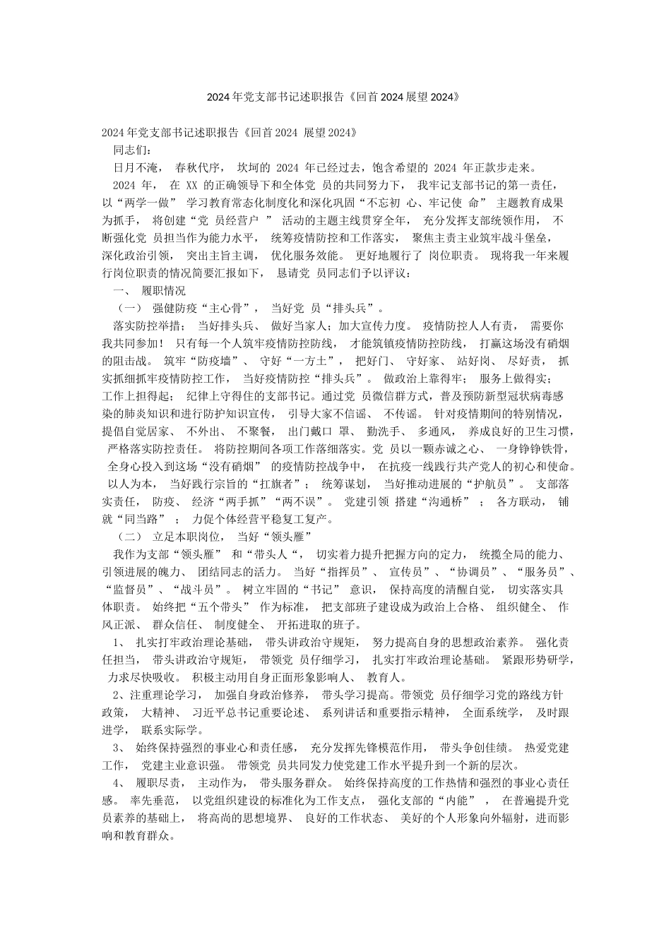 2024年党支部书记述职报告《回首2024展望2024》_第1页