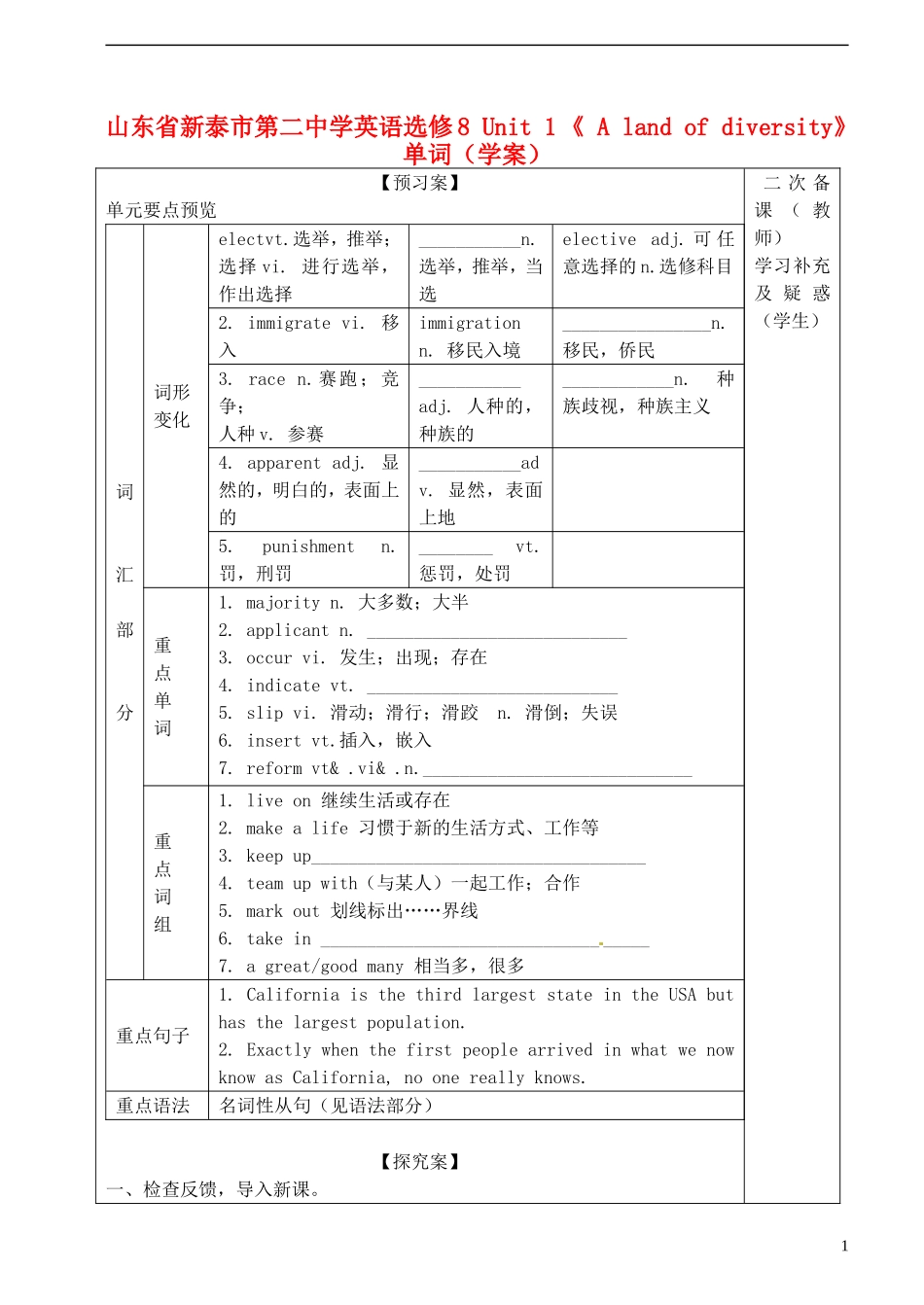 山东省新泰市第二中学高中英语 Unit 1 《 A land of diversity》单词学案 新人教版选修8_第1页