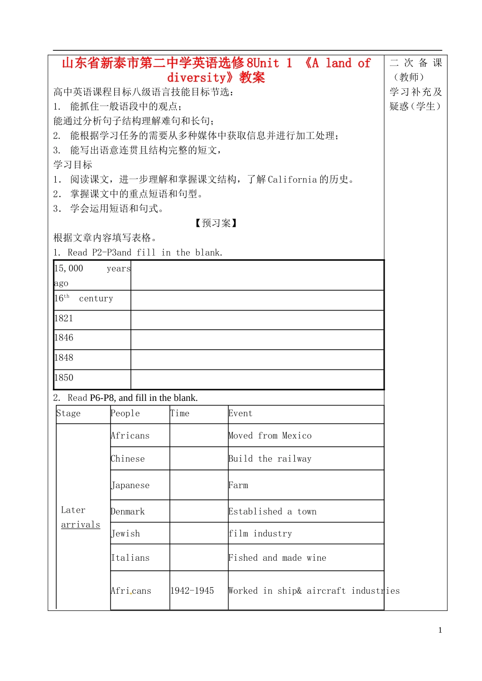 山东省新泰市第二中学高中英语 Unit 1 《A land of diversity》教案 新人教版选修8_第1页