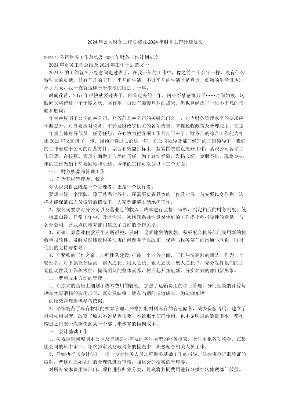2024年公司财务工作总结及2024年财务工作计划范文_第1页