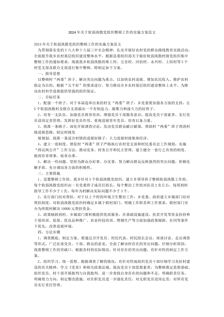 2024年关于软弱涣散党组织整顿工作的实施方案范文_第1页