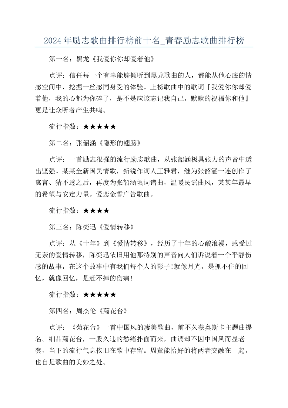 2024年励志歌曲排行榜前十名-青春励志歌曲排行榜_第1页