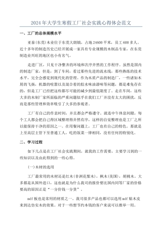 2024年大学生寒假工厂社会实践心得体会范文