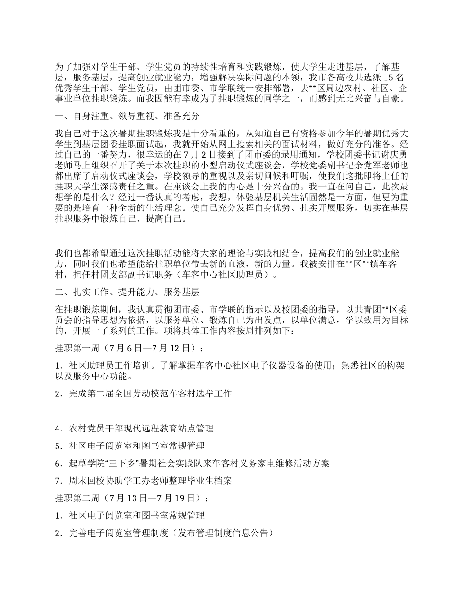 2024年大学生暑期挂职锻炼工作总结_第1页