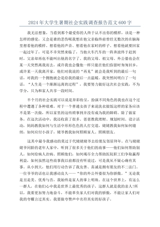 2024年大学生暑期社会实践调查报告范文600字