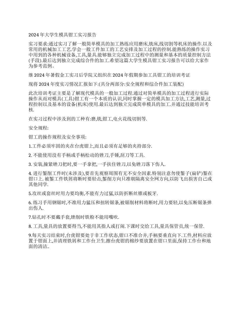 2024年大学生模具钳工实习报告_第1页