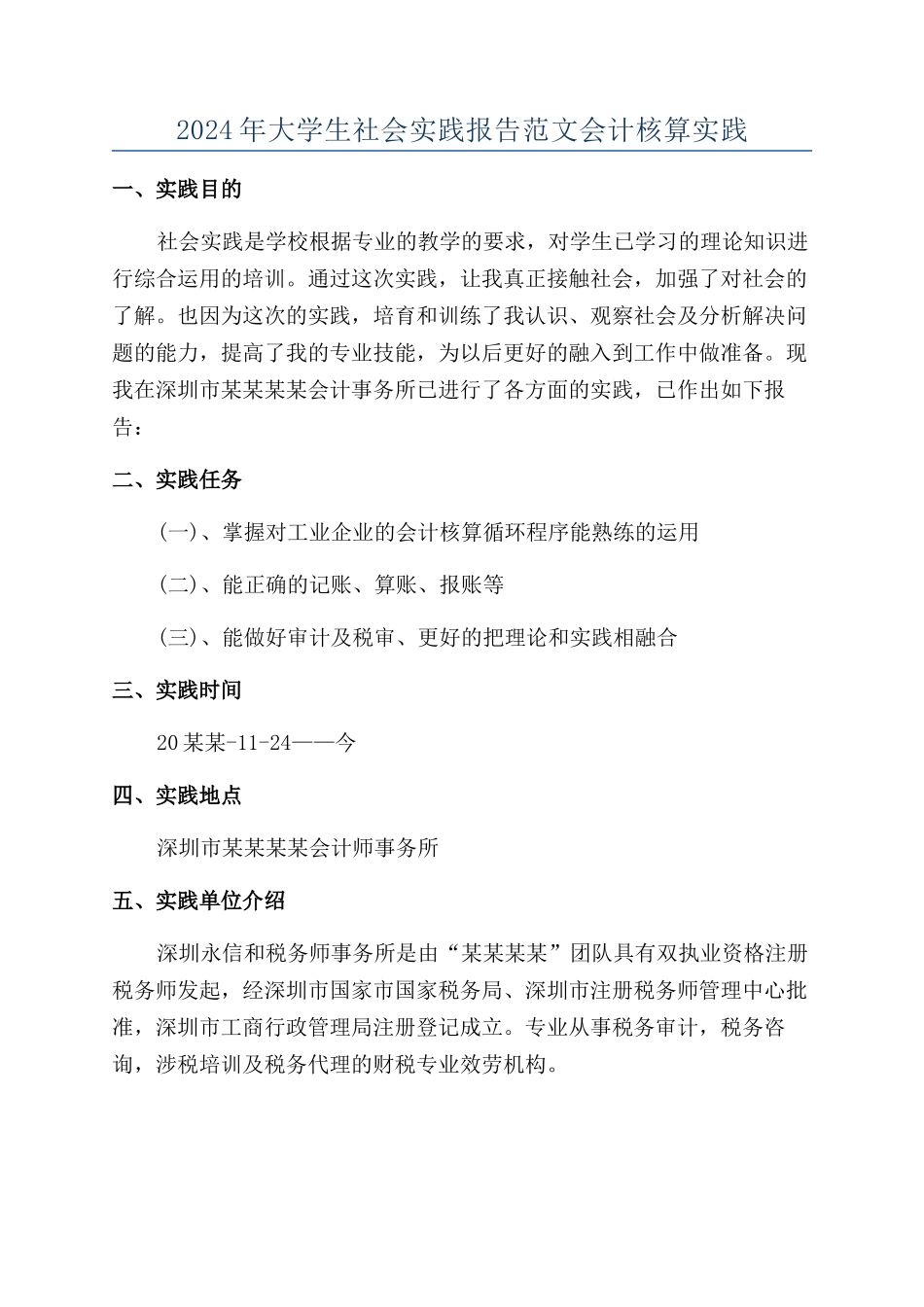 2024年大学生社会实践报告范文会计核算实践_第1页