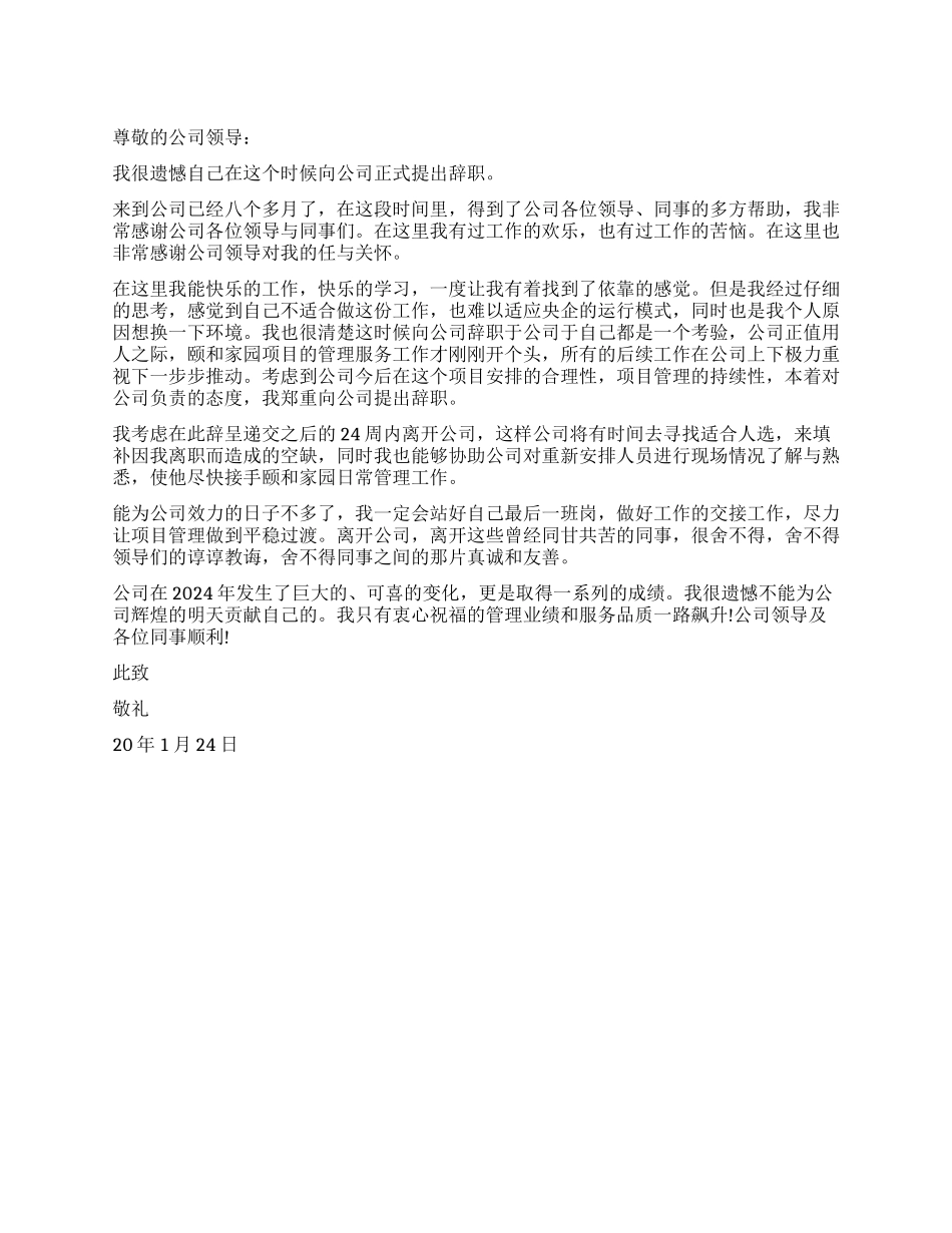 2024年央企离职辞职报告_第1页