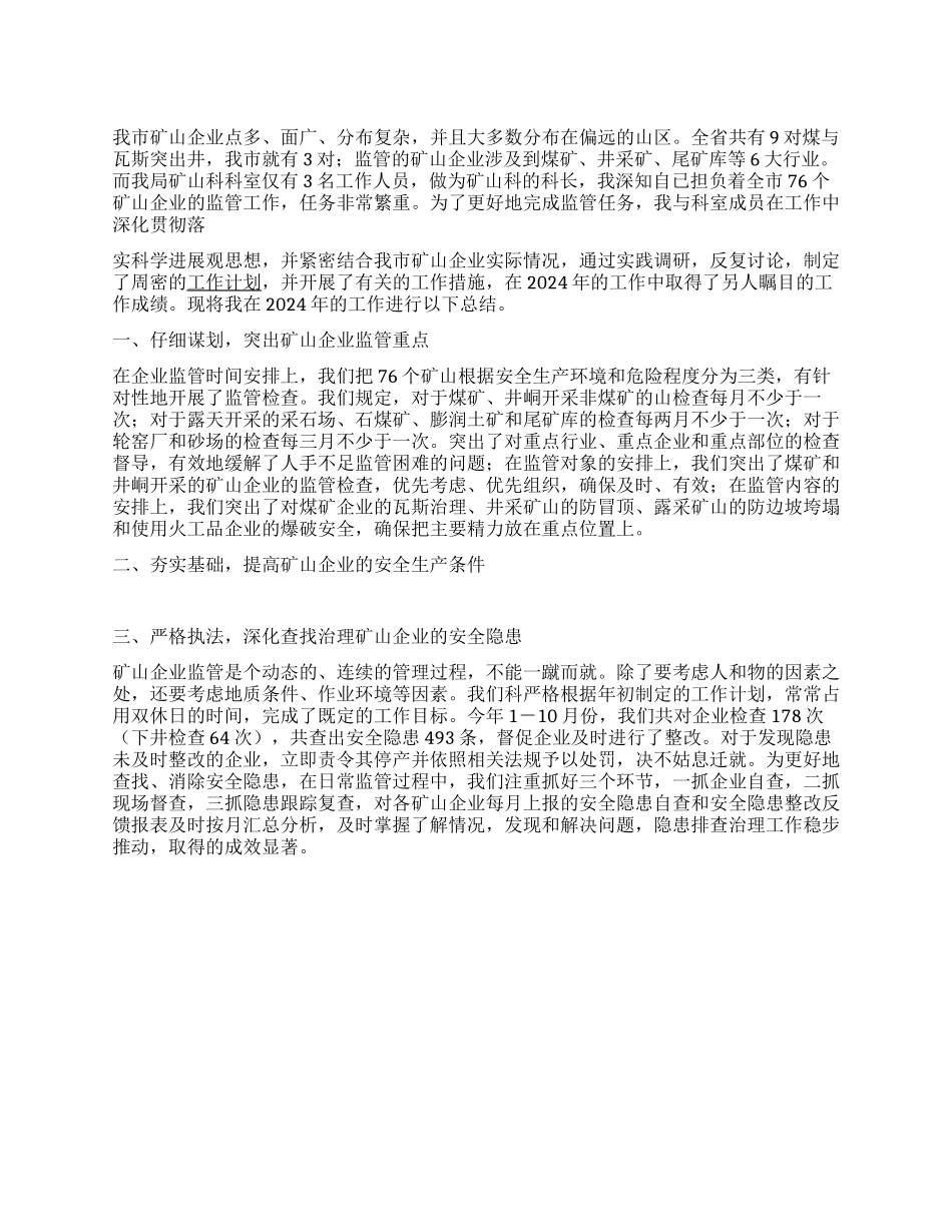 2024年安监局矿山科科长个人工作总结_第1页