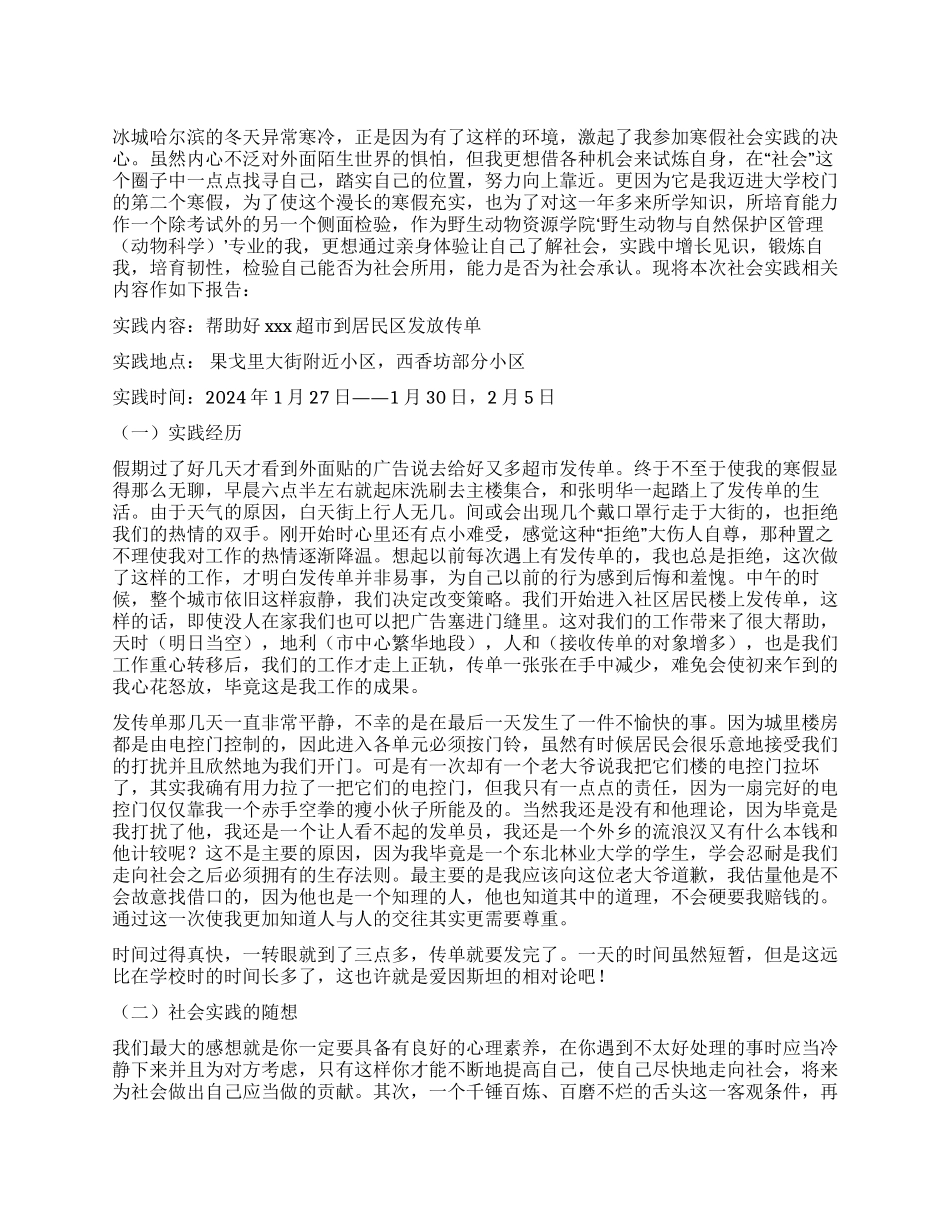 2024年寒假发传单社会实践报告_第1页