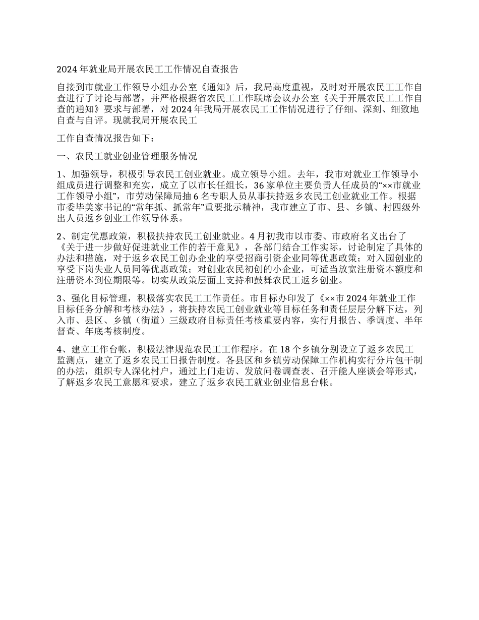 2024年就业局开展农民工工作情况自查报告_第1页