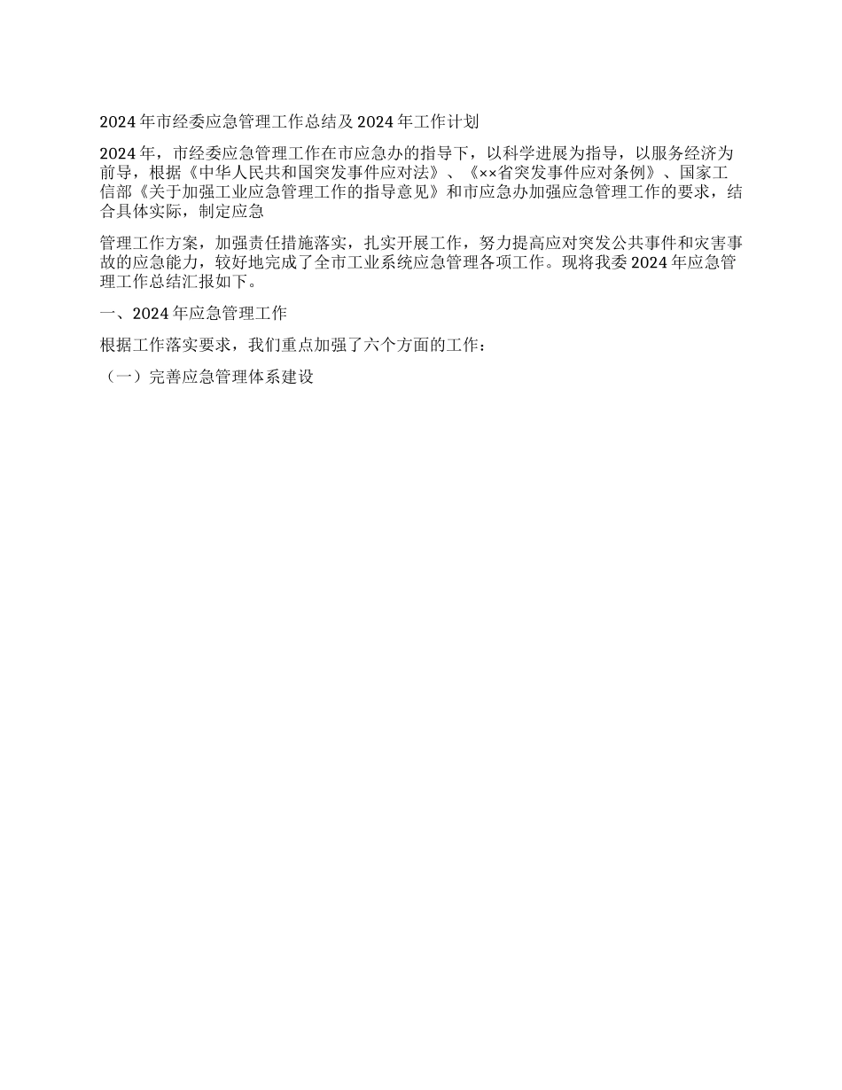 2024年市经委应急管理工作总结及2024年工作计划_第1页