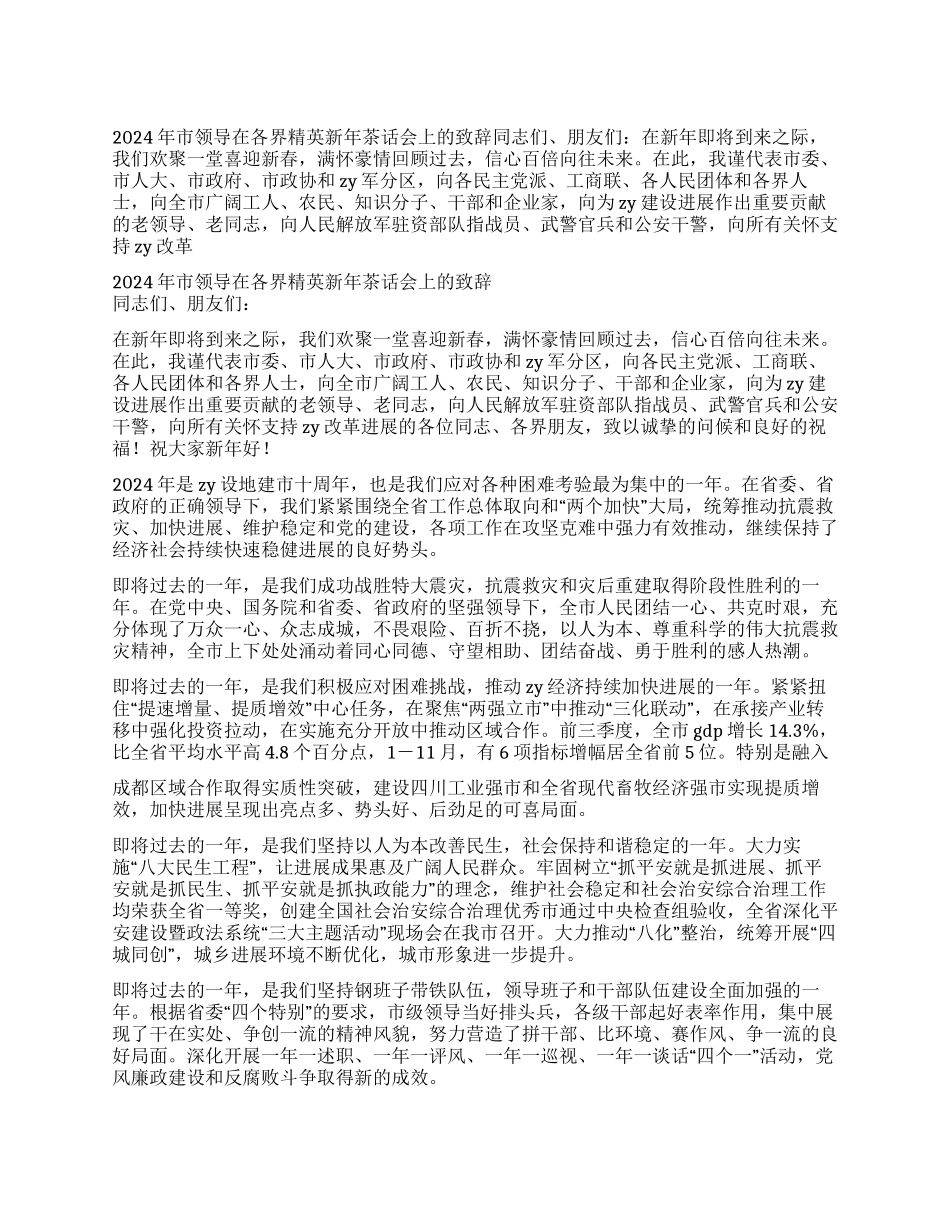 2024年市领导在各界精英新年茶话会上的致辞_第1页