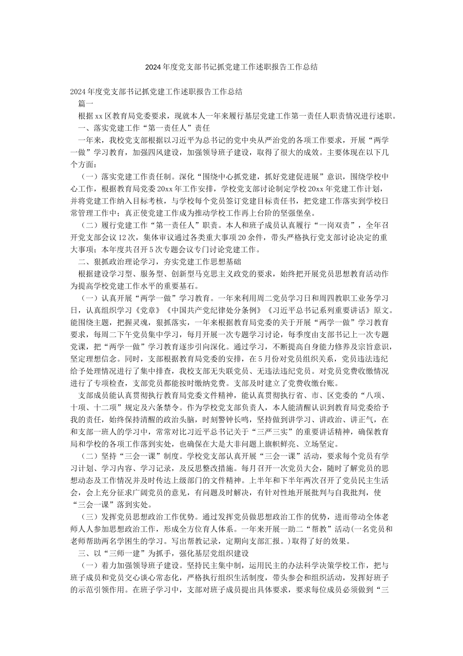 2024年度党支部书记抓党建工作述职报告工作总结_第1页