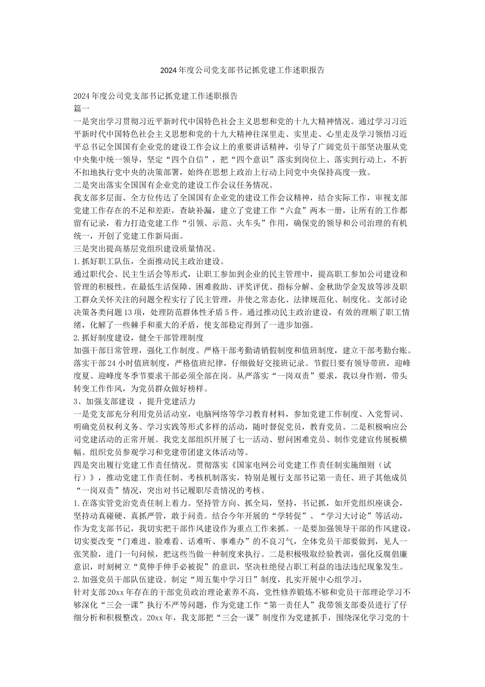 2024年度公司党支部书记抓党建工作述职报告_第1页