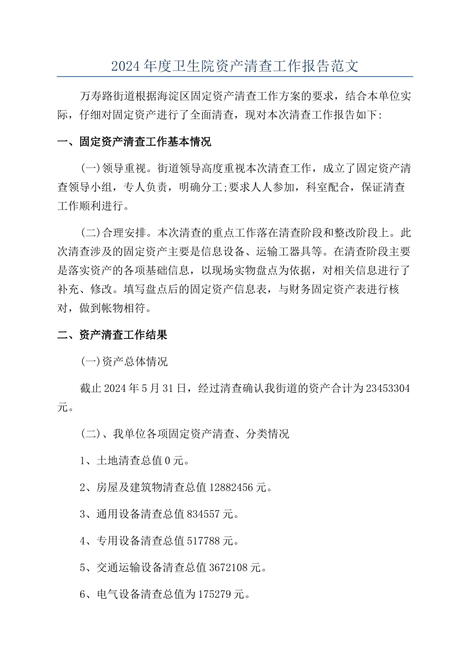 2024年度卫生院资产清查工作报告范文_第1页